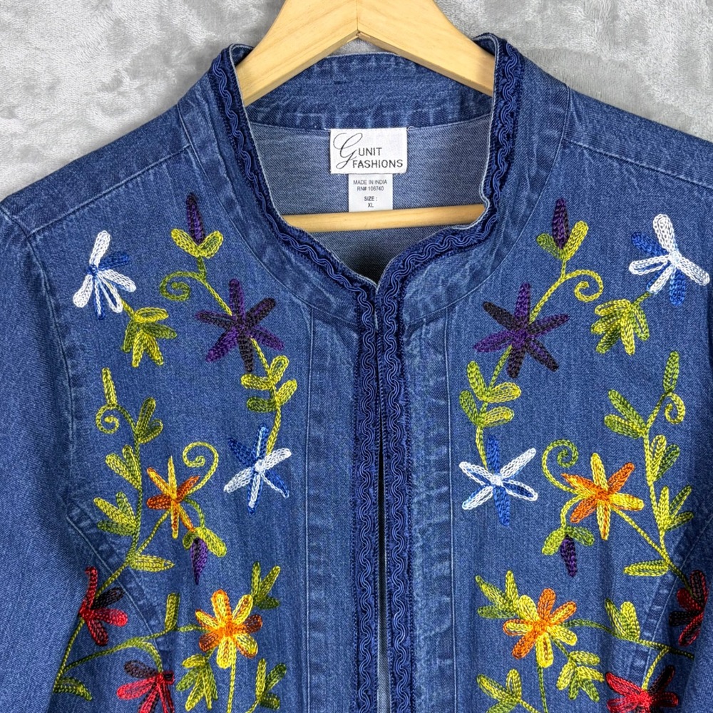 VTG Embroidered Denim Jacket Women XL Floral Boho Cottagecore Open Front Jean - Picture 3 of 10